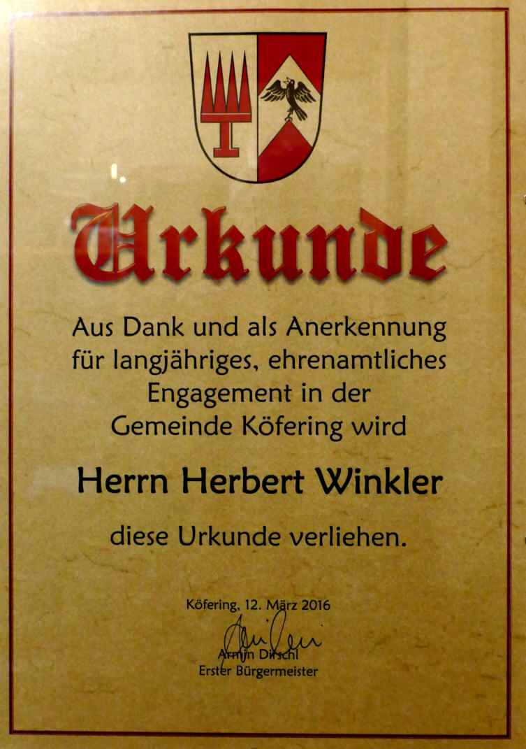 Urkunde fr Herbert Winkler als Ortsheimatpfleger